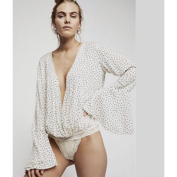 Free People XS Makin Waves Ivory Blue Polka Dot Bell Sleeve Bodysuit - Picture 2 of 9